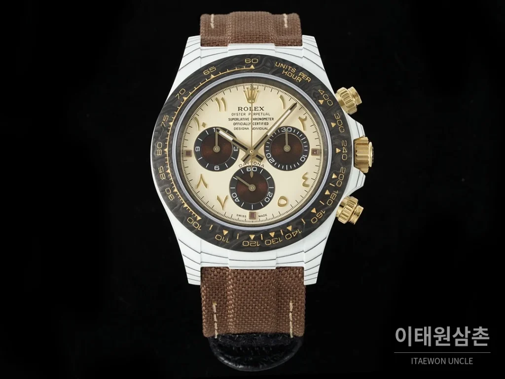 롤렉스 코스모그래프 데이토나 카본 스켈레톤백 크로노그래프 40mm 샴페인 다이얼 브라운 나일론 스트랩 블랙 베젤