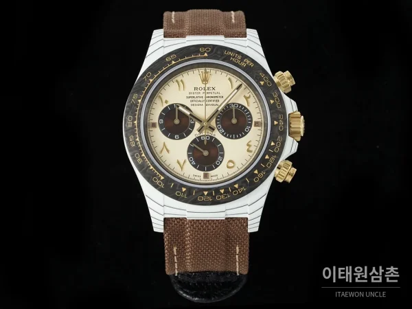 롤렉스 코스모그래프 데이토나 카본 스켈레톤백 크로노그래프 40mm 샴페인 다이얼 브라운 나일론 스트랩 블랙 베젤