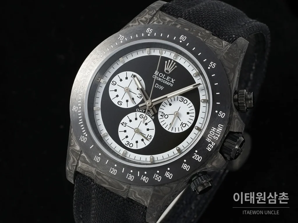 롤렉스 코스모그래프 데이토나 카본 스켈레톤백 크로노그래프 40mm 블랙 다이얼 블랙 나일론 스트랩 그레이 베젤