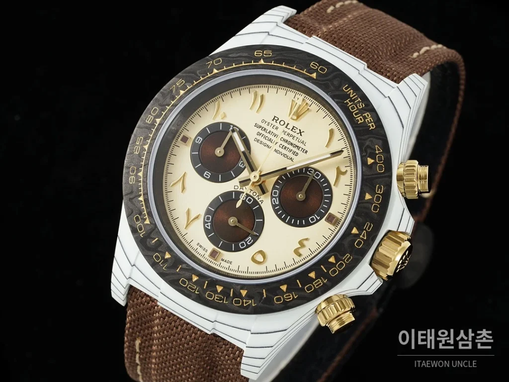 롤렉스 코스모그래프 데이토나 카본 스켈레톤백 크로노그래프 40mm 샴페인 다이얼 브라운 나일론 스트랩 블랙 베젤