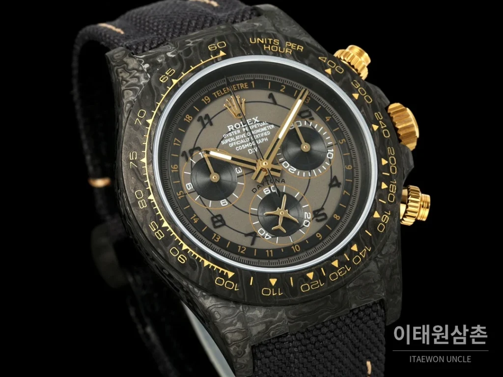 롤렉스 코스모그래프 데이토나 카본 스켈레톤백 크로노그래프 40mm 그레이 다이얼 블랙 나일론 스트랩 블랙 베젤