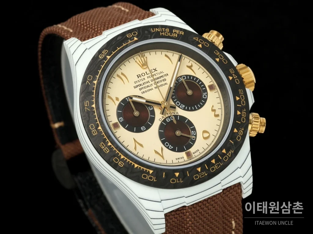롤렉스 코스모그래프 데이토나 카본 스켈레톤백 크로노그래프 40mm 샴페인 다이얼 브라운 나일론 스트랩 블랙 베젤