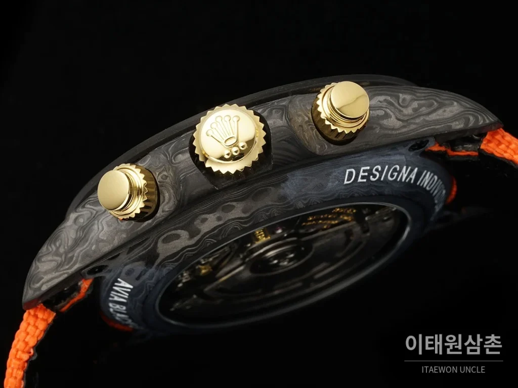 롤렉스 코스모그래프 데이토나 카본 스켈레톤백 크로노그래프 40mm 아이스블루 다이얼 오렌지 나일론 스트랩 블랙 베젤