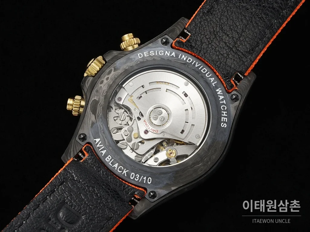 롤렉스 코스모그래프 데이토나 카본 스켈레톤백 크로노그래프 40mm 아이스블루 다이얼 오렌지 나일론 스트랩 블랙 베젤
