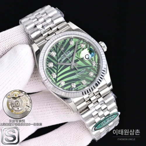롤렉스 데이트저스트 36 904L 스틸 민트그린 플루티드베젤 오토매틱 36mm 그린 다이얼