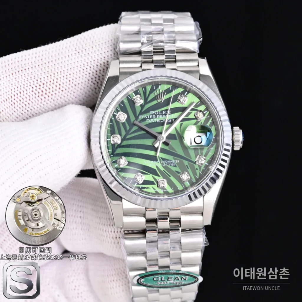 롤렉스 데이트저스트 36 904L 스틸 민트그린 플루티드베젤 오토매틱 36mm 그린 다이얼