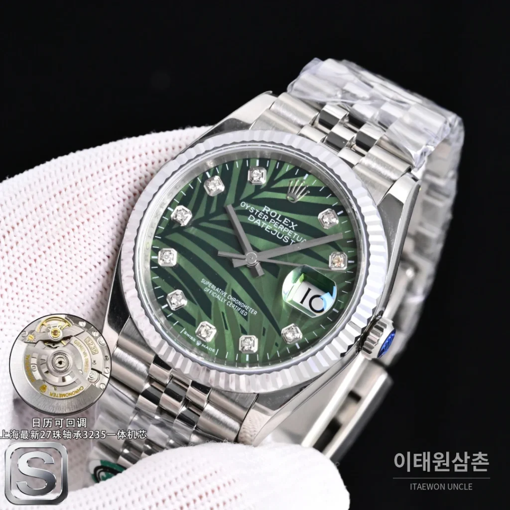 롤렉스 데이트저스트 36 904L 스틸 민트그린 플루티드베젤 오토매틱 36mm 그린 다이얼