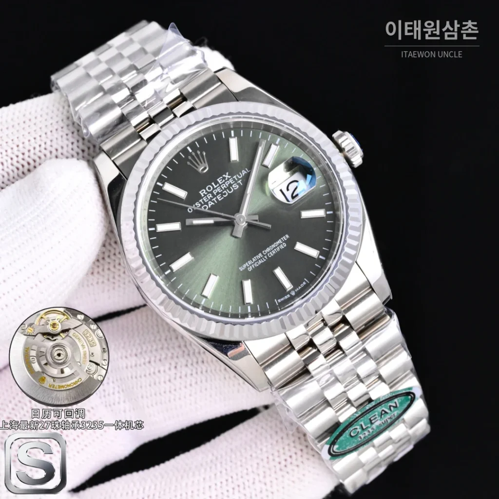 롤렉스 데이트저스트 36 904L 스틸 민트그린 플루티드베젤 오토매틱 36mm