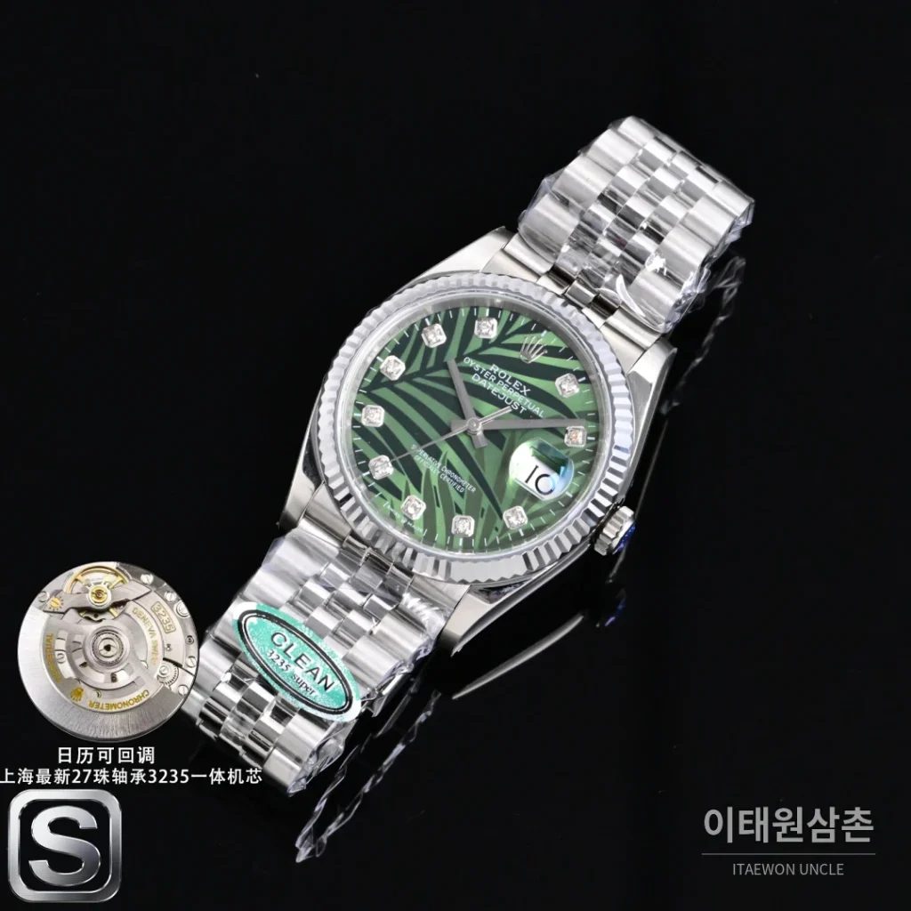 롤렉스 데이트저스트 36 904L 스틸 민트그린 플루티드베젤 오토매틱 36mm 그린 다이얼