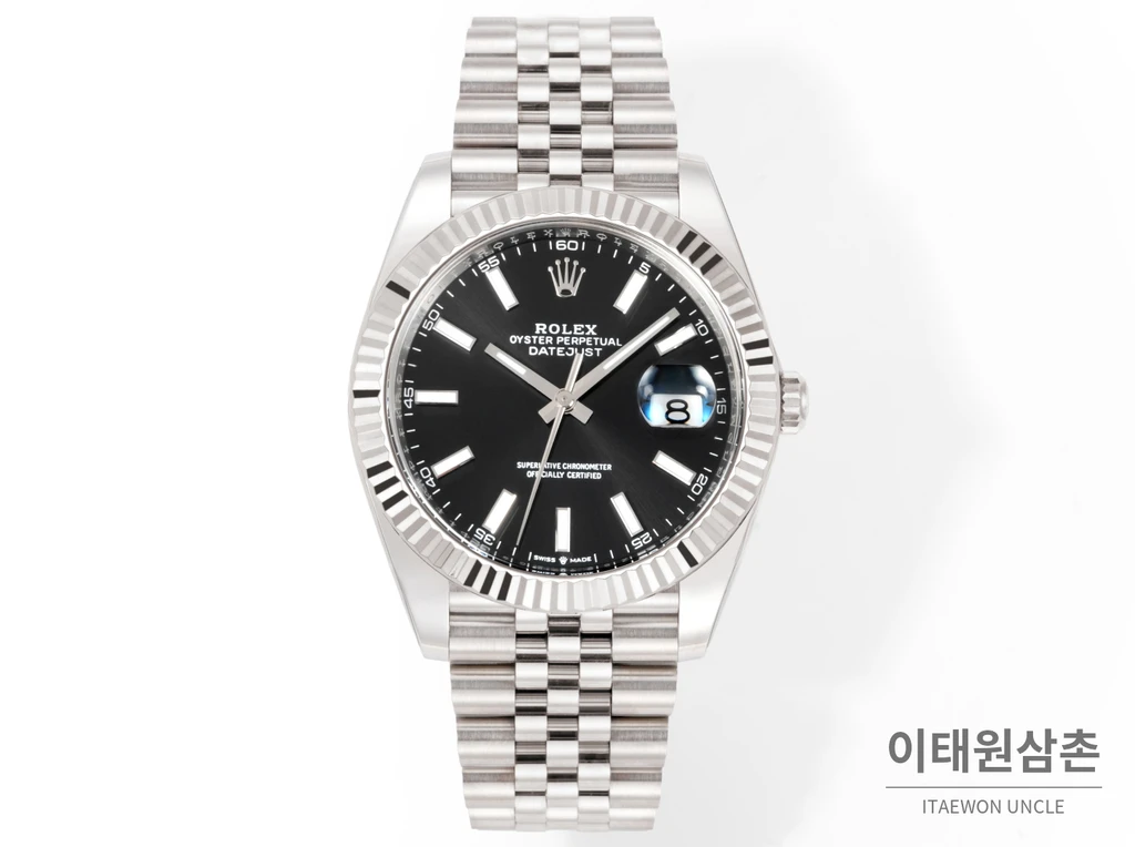 롤렉스 데이트저스트 41 블랙다이얼 바인덱스 실버컬러 플루티드베젤 쥬빌리 자동 시계 41mm