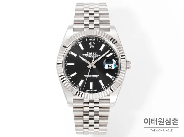 롤렉스 데이트저스트 41 블랙다이얼 바인덱스 실버컬러 플루티드베젤 쥬빌리 자동 시계 41mm
