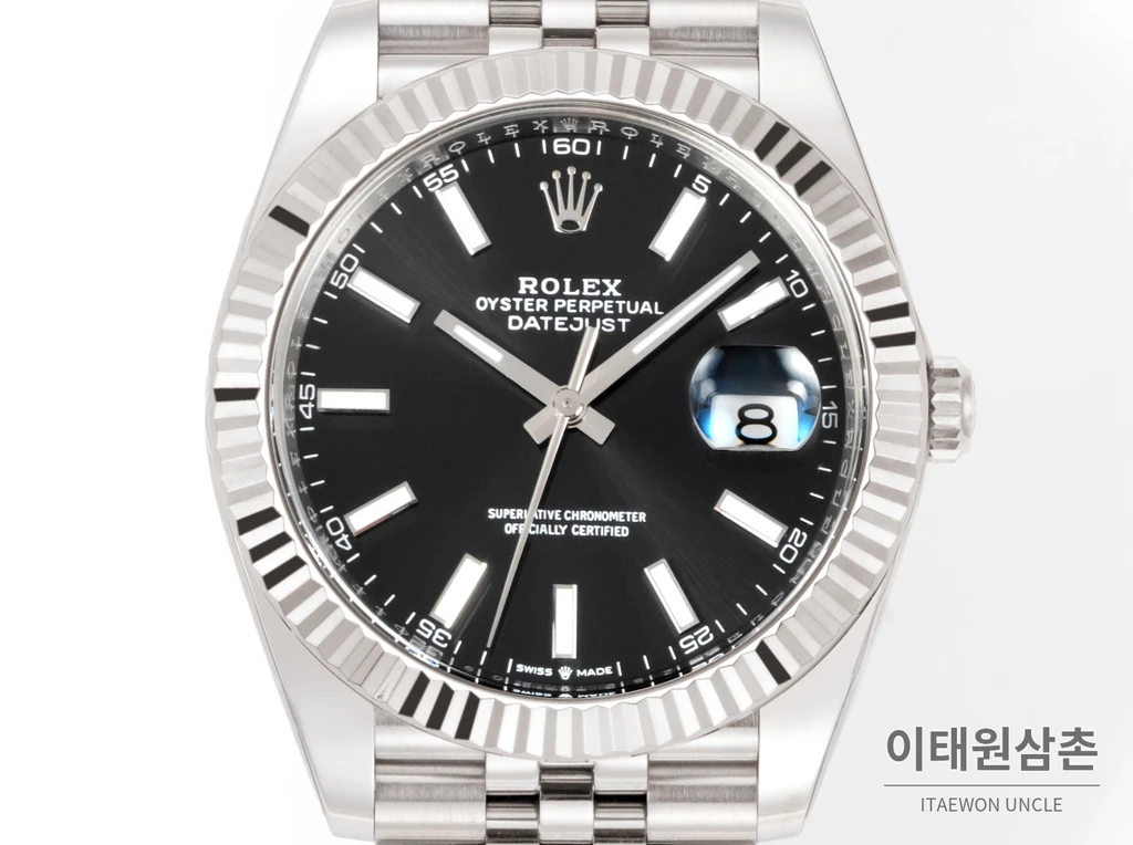롤렉스 데이트저스트 41 블랙다이얼 바인덱스 실버컬러 플루티드베젤 쥬빌리 자동 시계 41mm