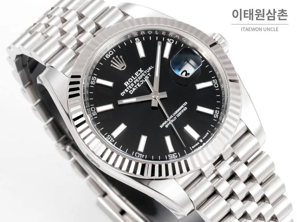 롤렉스 데이트저스트 41 블랙다이얼 바인덱스 실버컬러 플루티드베젤 쥬빌리 자동 시계 41mm