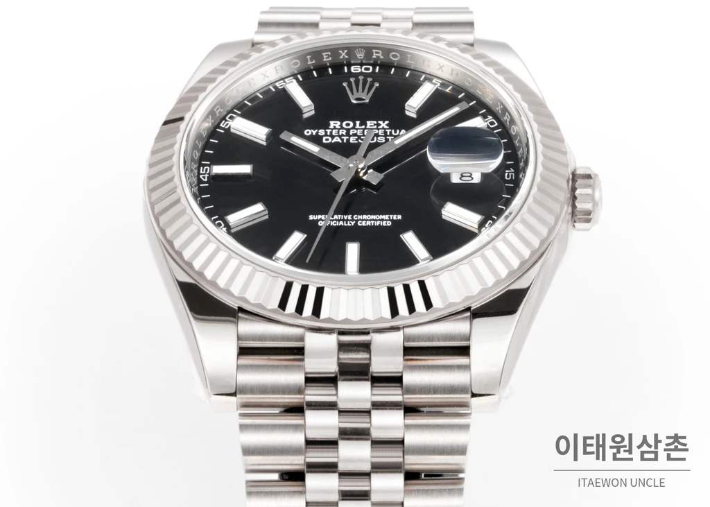 롤렉스 데이트저스트 41 블랙다이얼 바인덱스 실버컬러 플루티드베젤 쥬빌리 자동 시계 41mm
