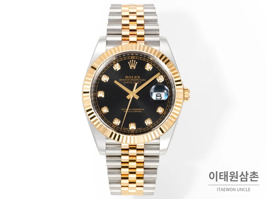 롤렉스 데이트저스트 41 블랙다이얼 다이아스타일 인덱스 옐로우골드컬러 콤비 쥬빌리 자동 시계 41mm