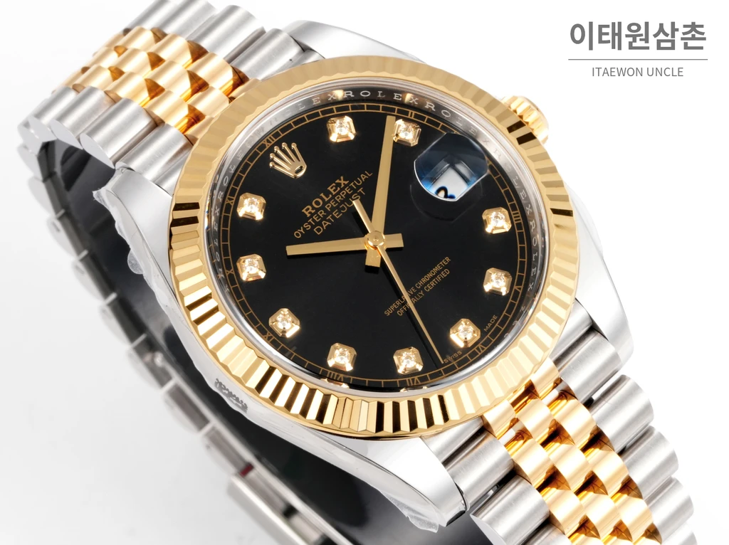 롤렉스 데이트저스트 41 블랙다이얼 다이아스타일 인덱스 옐로우골드컬러 콤비 쥬빌리 자동 시계 41mm
