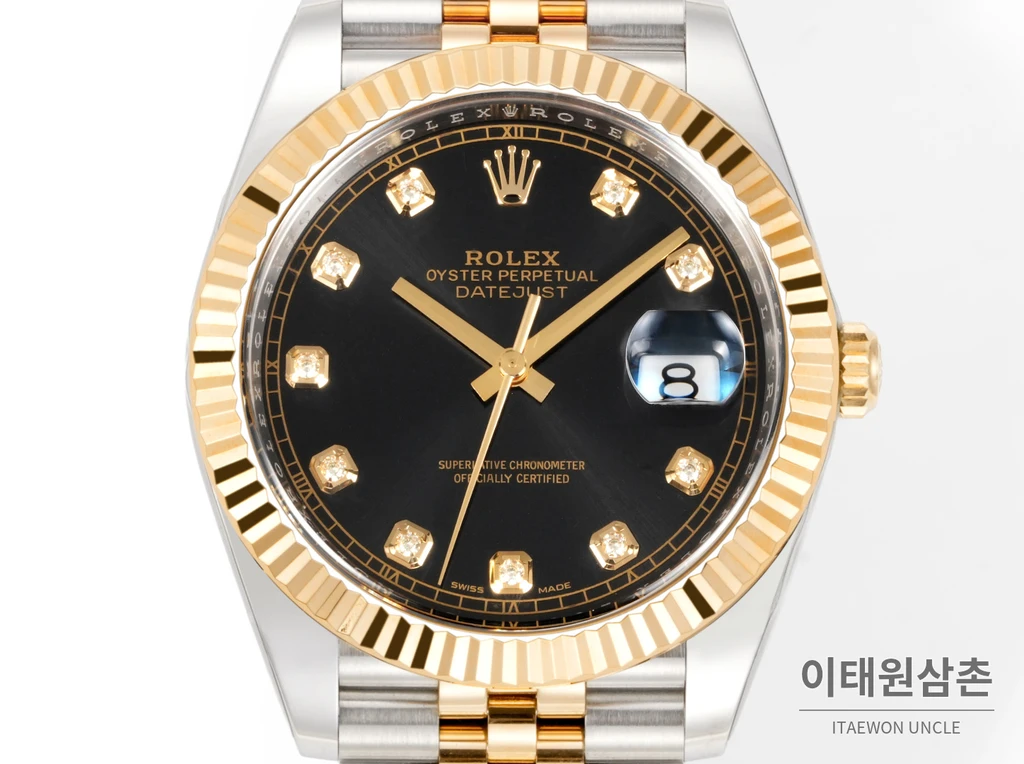 롤렉스 데이트저스트 41 블랙다이얼 다이아스타일 인덱스 옐로우골드컬러 콤비 쥬빌리 자동 시계 41mm