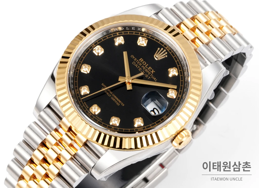 롤렉스 데이트저스트 41 블랙다이얼 다이아스타일 인덱스 옐로우골드컬러 콤비 쥬빌리 자동 시계 41mm