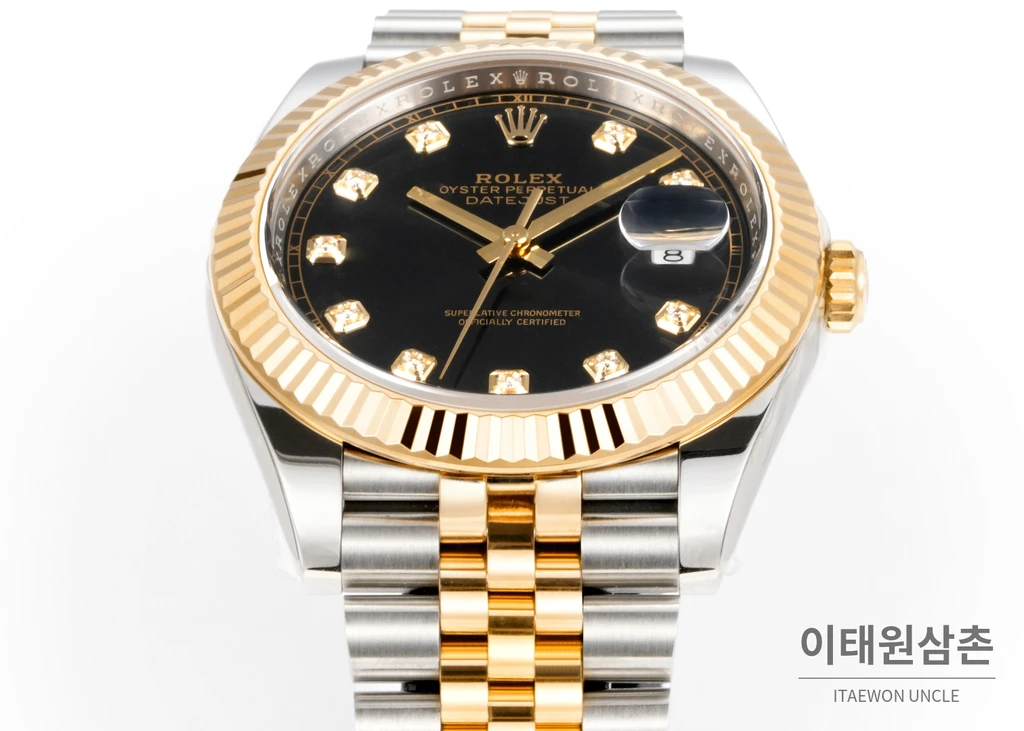 롤렉스 데이트저스트 41 블랙다이얼 다이아스타일 인덱스 옐로우골드컬러 콤비 쥬빌리 자동 시계 41mm