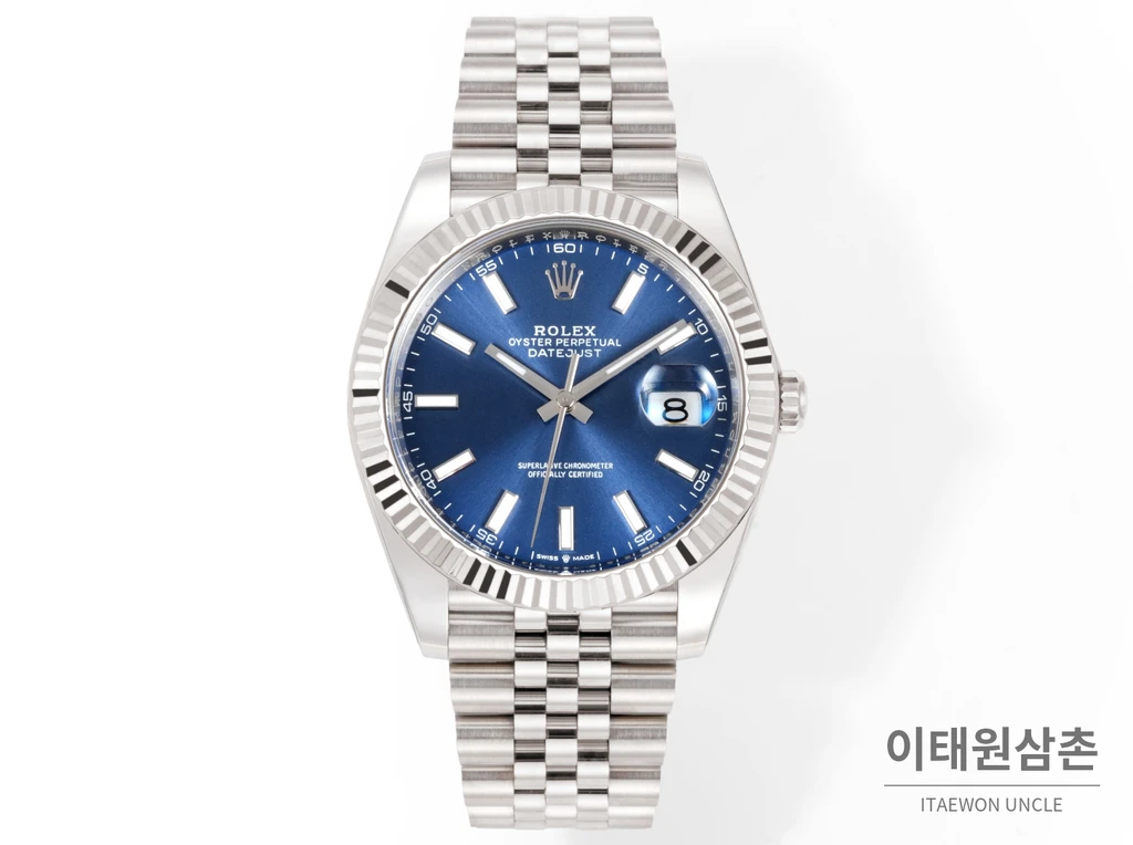 롤렉스 데이트저스트 41 블루 다이얼 실버 베젤 쥬빌리 브레이슬릿 시계 41mm