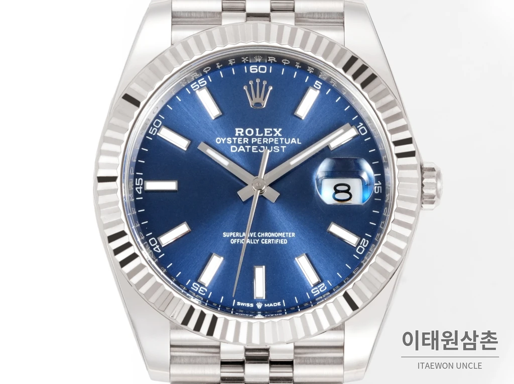 롤렉스 데이트저스트 41 블루 다이얼 실버 베젤 쥬빌리 브레이슬릿 시계 41mm