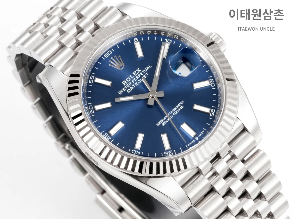 롤렉스 데이트저스트 41 블루 다이얼 실버 베젤 쥬빌리 브레이슬릿 시계 41mm