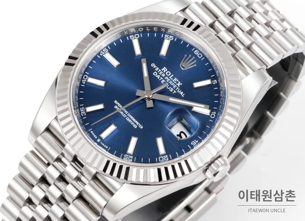 롤렉스 데이트저스트 41 블루 다이얼 실버 베젤 쥬빌리 브레이슬릿 시계 41mm