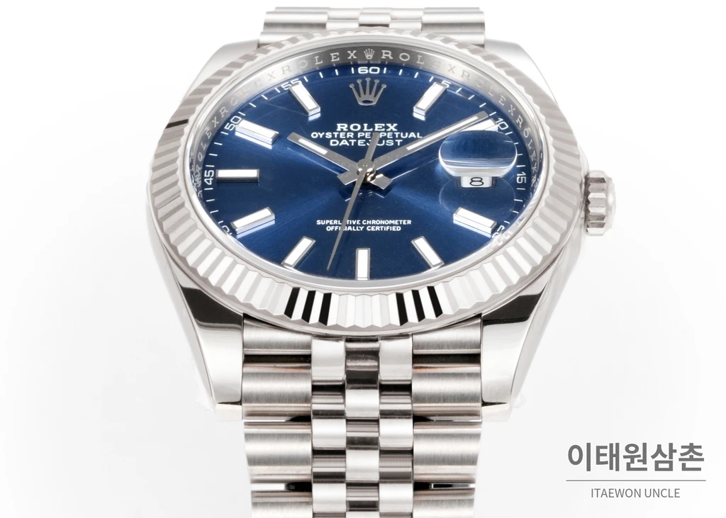 롤렉스 데이트저스트 41 블루 다이얼 실버 베젤 쥬빌리 브레이슬릿 시계 41mm