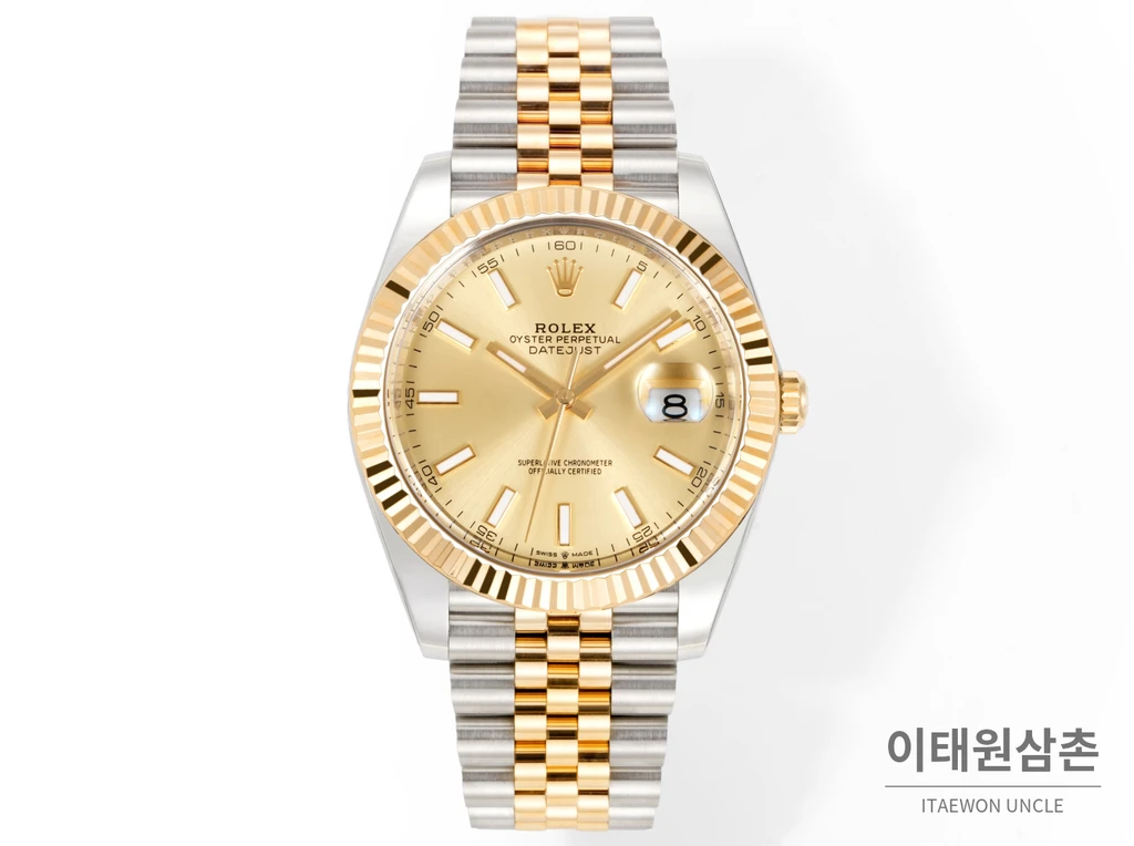롤렉스 데이트저스트 41 샴페인다이얼 바인덱스 옐로우골드컬러 콤비 쥬빌리 자동 시계 41mm