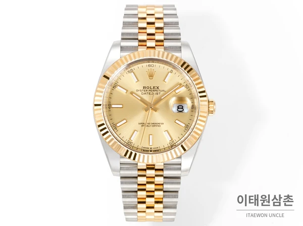 롤렉스 데이트저스트 41 샴페인다이얼 바인덱스 옐로우골드컬러 콤비 쥬빌리 자동 시계 41mm