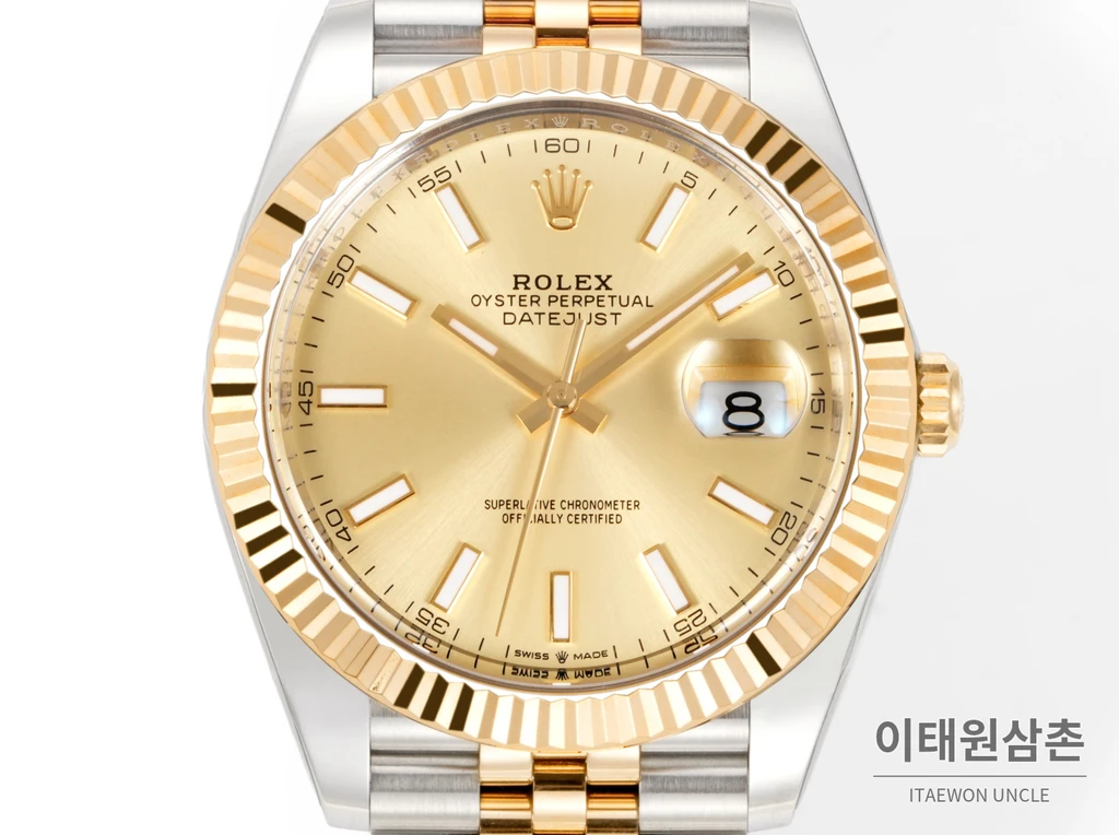 롤렉스 데이트저스트 41 샴페인다이얼 바인덱스 옐로우골드컬러 콤비 쥬빌리 자동 시계 41mm