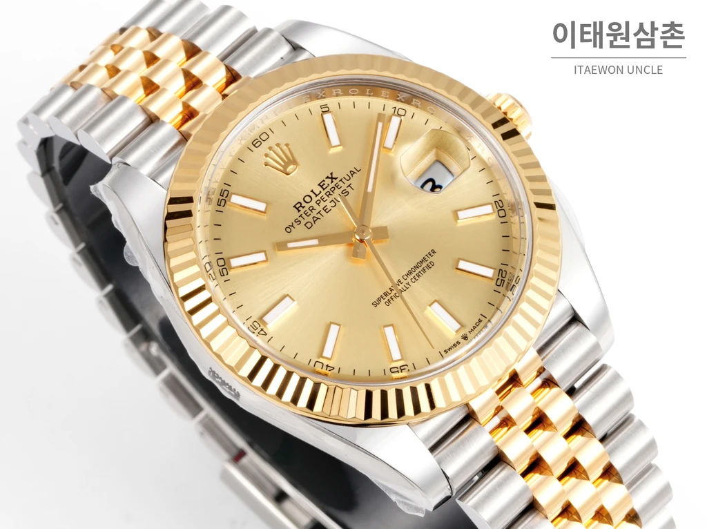 롤렉스 데이트저스트 41 샴페인다이얼 바인덱스 옐로우골드컬러 콤비 쥬빌리 자동 시계 41mm