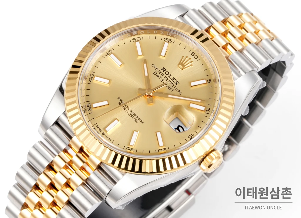 롤렉스 데이트저스트 41 샴페인다이얼 바인덱스 옐로우골드컬러 콤비 쥬빌리 자동 시계 41mm