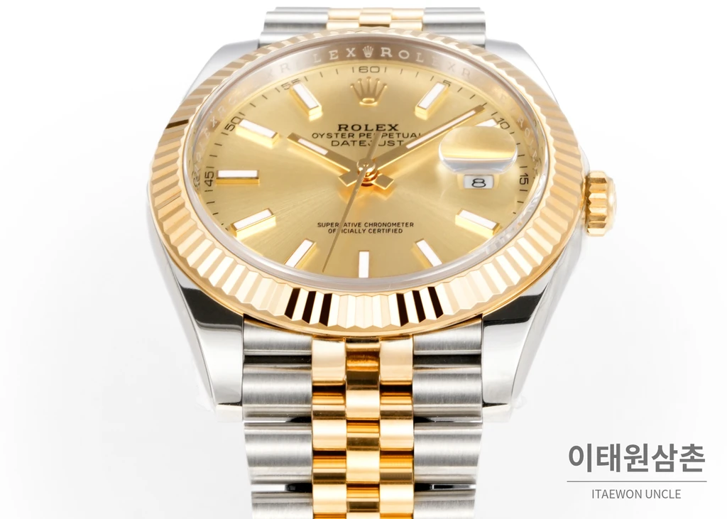 롤렉스 데이트저스트 41 샴페인다이얼 바인덱스 옐로우골드컬러 콤비 쥬빌리 자동 시계 41mm