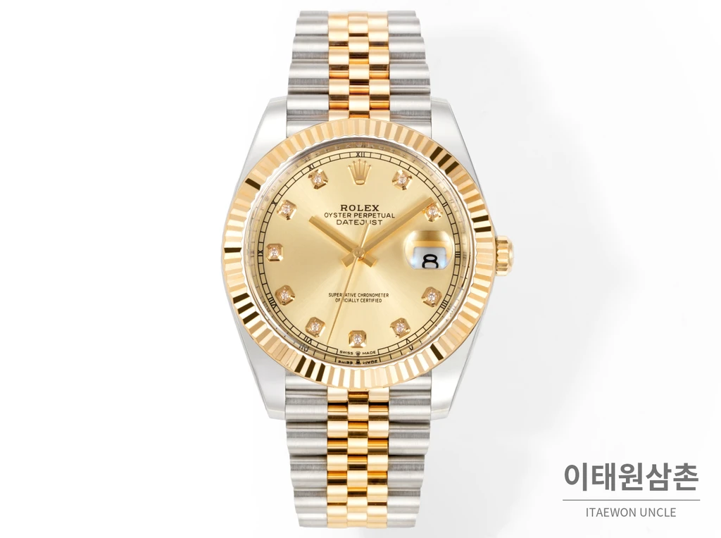 롤렉스 데이트저스트 41 샴페인다이얼 다이아스타일 인덱스 옐로우골드컬러 콤비 쥬빌리 자동 시계 41mm
