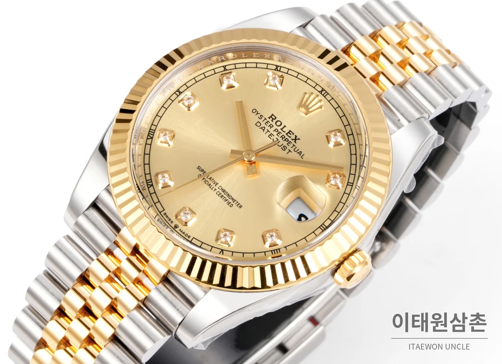롤렉스 데이트저스트 41 샴페인다이얼 다이아스타일 인덱스 옐로우골드컬러 콤비 쥬빌리 자동 시계 41mm