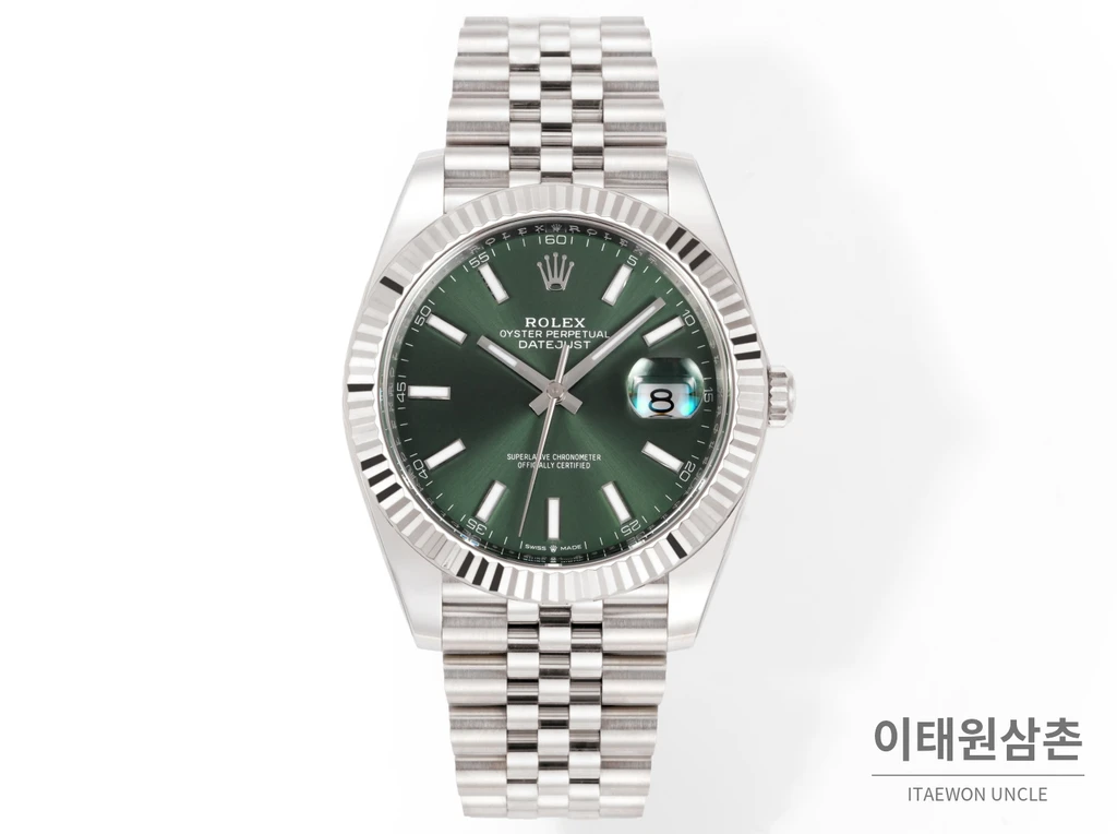 롤렉스 데이트저스트 41 그린다이얼 실버컬러 플루티드베젤 쥬빌리 자동 시계 41mm