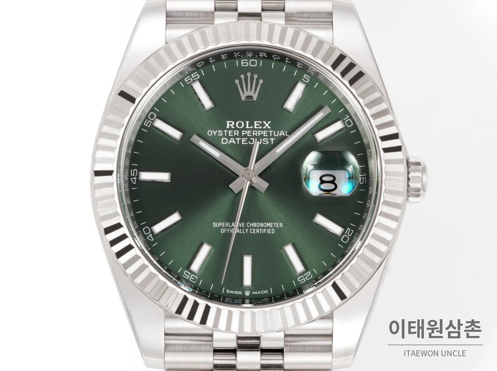 롤렉스 데이트저스트 41 그린다이얼 실버컬러 플루티드베젤 쥬빌리 자동 시계 41mm