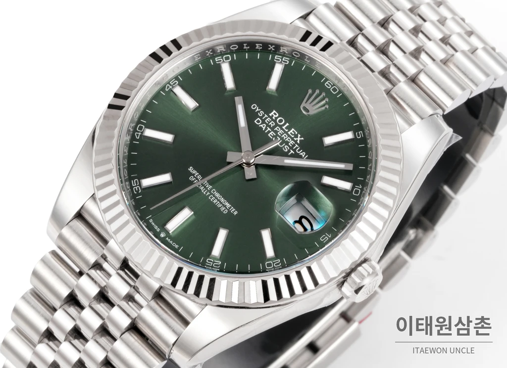 롤렉스 데이트저스트 41 그린다이얼 실버컬러 플루티드베젤 쥬빌리 자동 시계 41mm