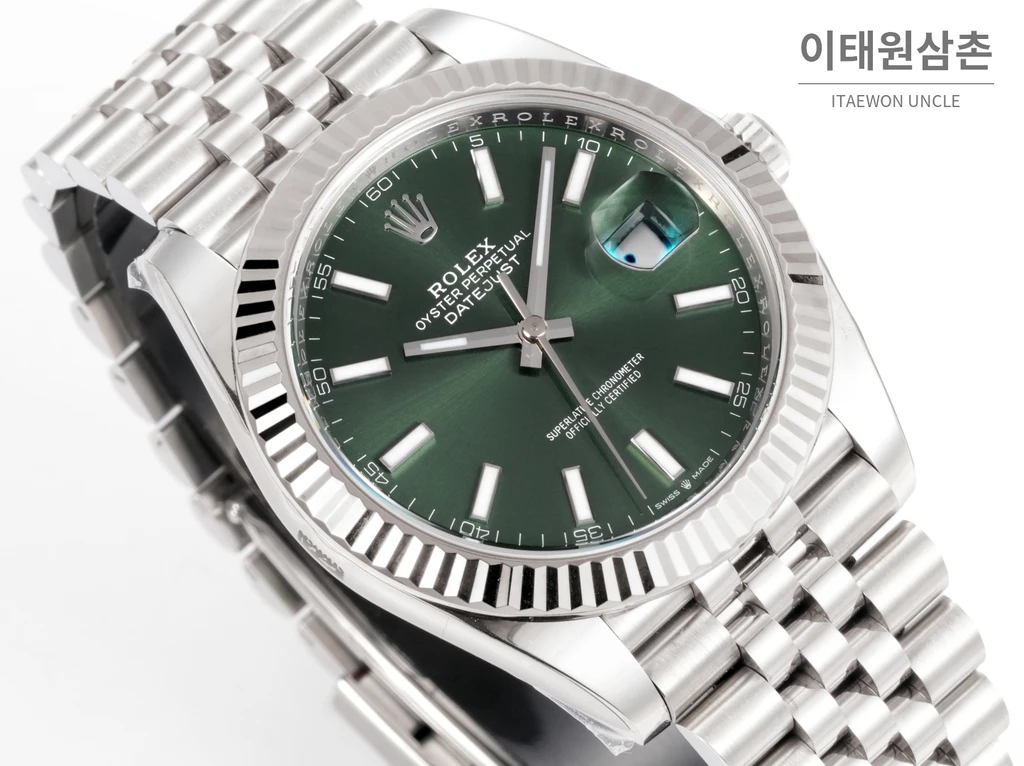 롤렉스 데이트저스트 41 그린다이얼 실버컬러 플루티드베젤 쥬빌리 자동 시계 41mm