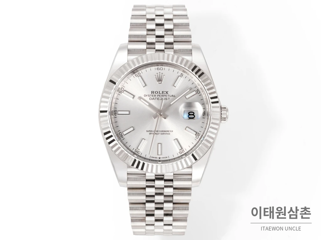 롤렉스 데이트저스트 41 실버 다이얼 실버 베젤 쥬빌리 브레이슬릿 시계 41mm