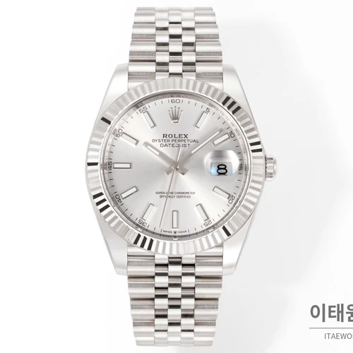 롤렉스 데이트저스트 41 실버 다이얼 실버 베젤 쥬빌리 브레이슬릿 시계 41mm 롤렉스 데이트저스트 41 실버 다이얼 실버 베젤 쥬빌리 브레이슬릿 시계 41mm