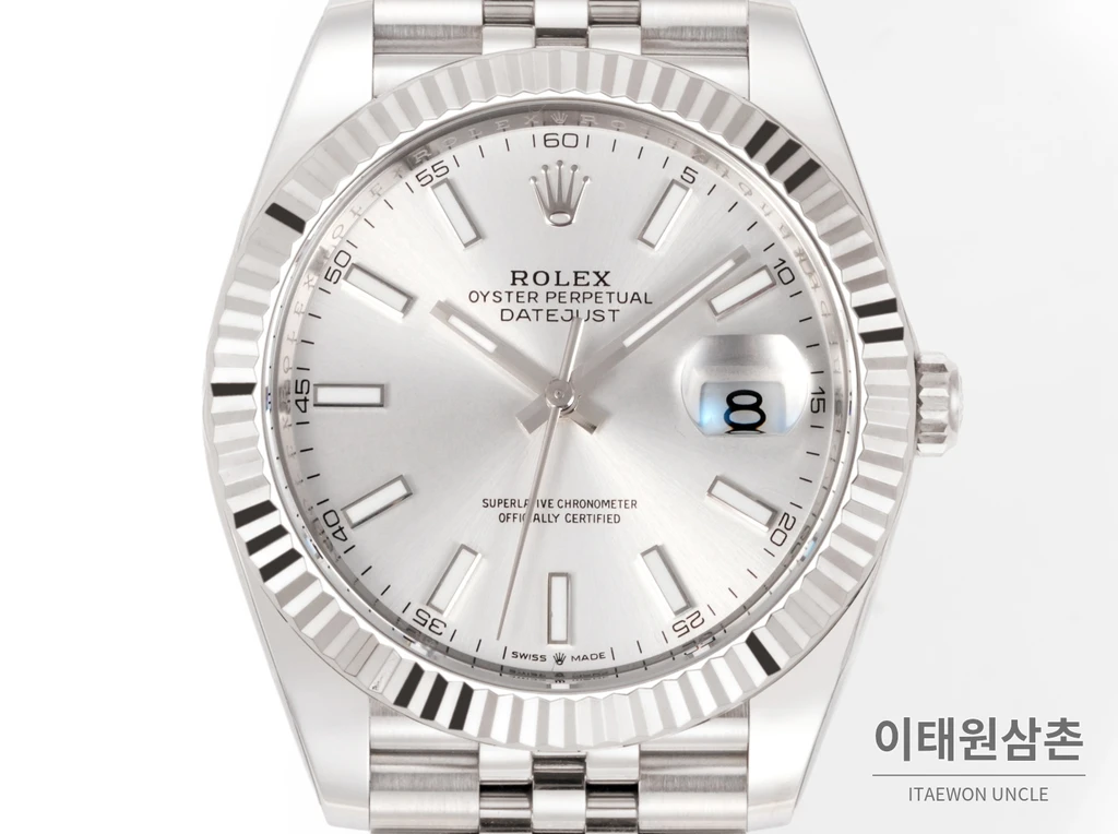 롤렉스 데이트저스트 41 실버 다이얼 실버 베젤 쥬빌리 브레이슬릿 시계 41mm