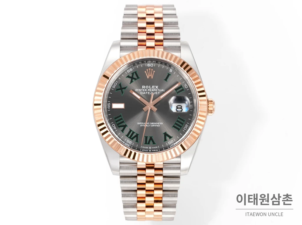 롤렉스 데이트저스트 41 슬레이트다이얼 그린 로마인덱스 로즈골드컬러 콤비 쥬빌리 자동 시계 41mm