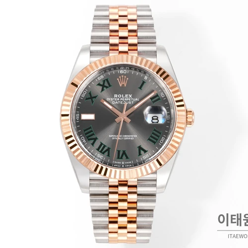 롤렉스 데이트저스트 41 슬레이트다이얼 그린 로마인덱스 로즈골드컬러 콤비 쥬빌리 자동 시계 41mm 롤렉스 데이트저스트 41 슬레이트다이얼 그린 로마인덱스 로즈골드컬러 콤비 쥬빌리 자동 시계 41mm