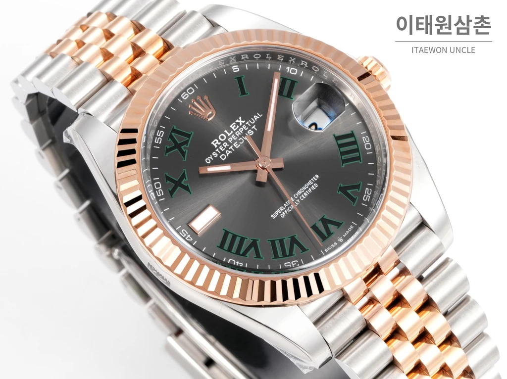 롤렉스 데이트저스트 41 슬레이트다이얼 그린 로마인덱스 로즈골드컬러 콤비 쥬빌리 자동 시계 41mm