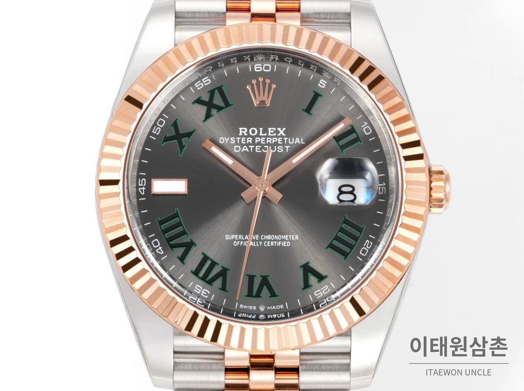 롤렉스 데이트저스트 41 슬레이트다이얼 그린 로마인덱스 로즈골드컬러 콤비 쥬빌리 자동 시계 41mm