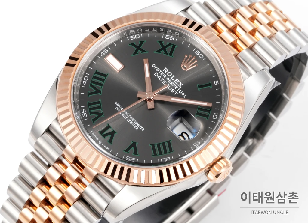 롤렉스 데이트저스트 41 슬레이트다이얼 그린 로마인덱스 로즈골드컬러 콤비 쥬빌리 자동 시계 41mm