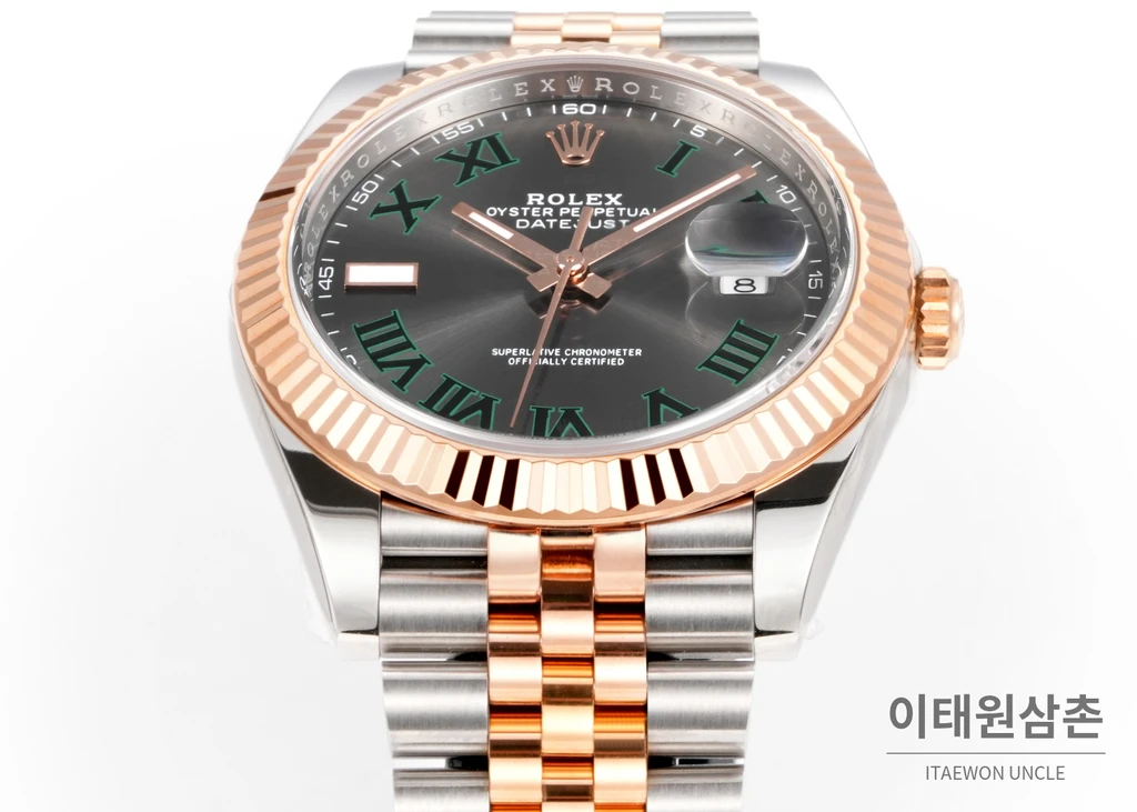 롤렉스 데이트저스트 41 슬레이트다이얼 그린 로마인덱스 로즈골드컬러 콤비 쥬빌리 자동 시계 41mm