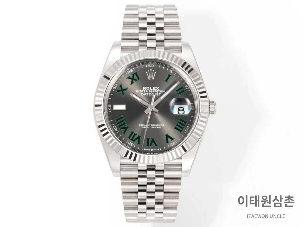 롤렉스 데이트저스트 41 슬레이트 다이얼 그린 로마 인덱스 쥬빌리 브레이슬릿 시계 41mm